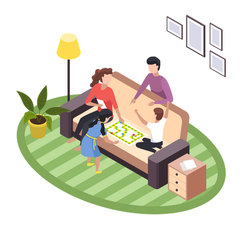 Children playing boardgame while sitting with parents  Illustration