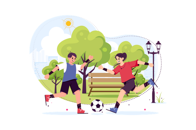 Children playing football at the park Illustration
