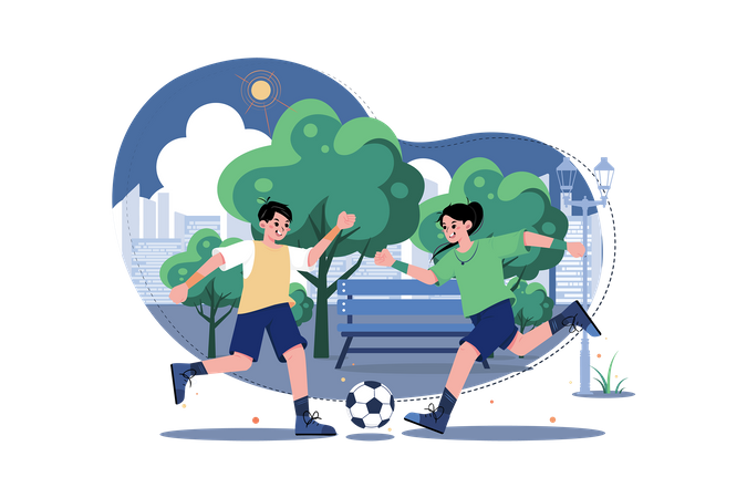 Children Playing Football At The Park  Illustration