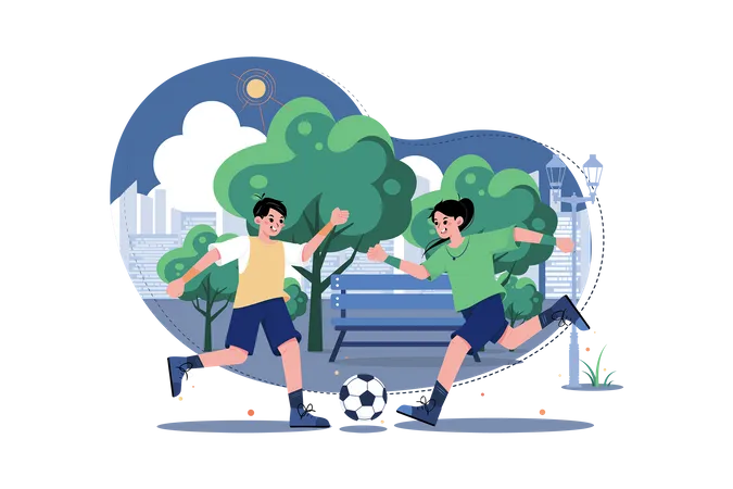 Children Playing Football At The Park  Illustration