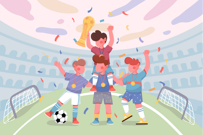 Children playing football in stadium  Illustration