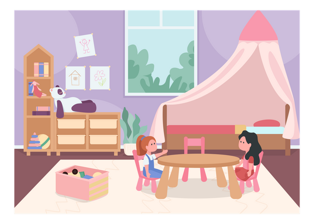 Children playing in child bedroom  Illustration