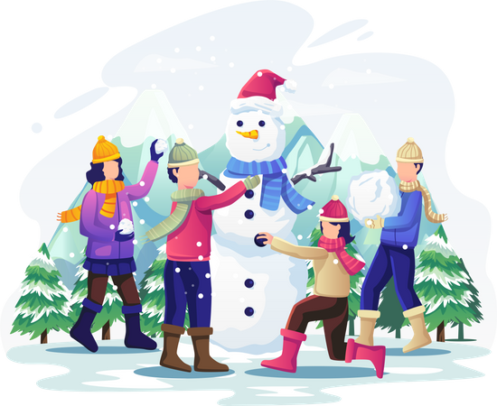 Children playing in the snow and making a snowman Illustration