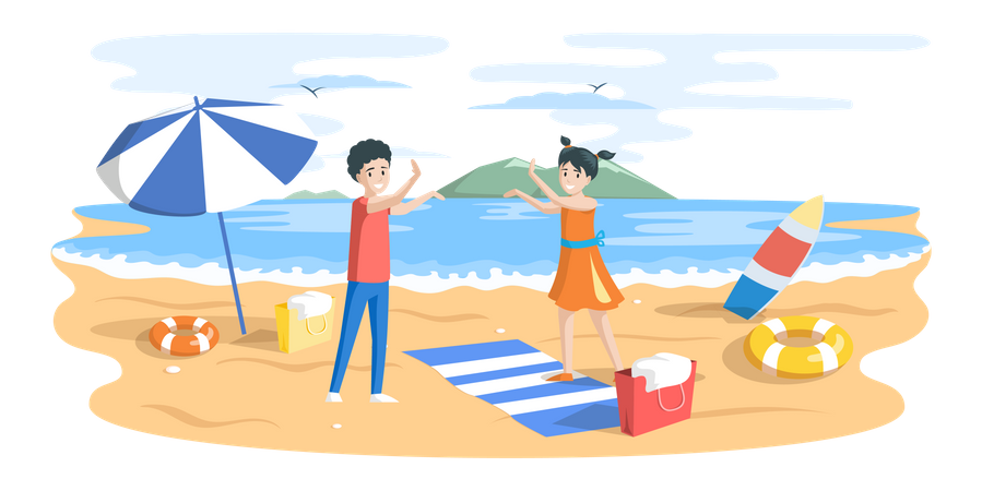 Children playing on beach Illustration