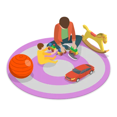 Children playing on carpet with father  Illustration