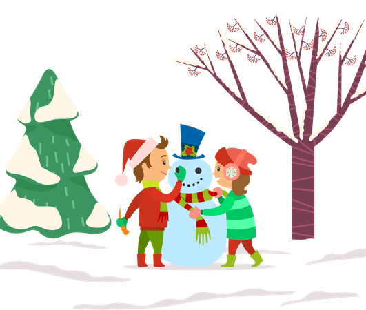 Children Playing Outdoors Sculpting Snowman  Illustration