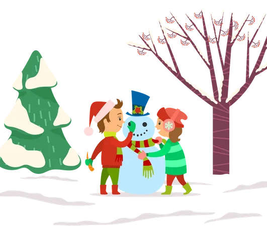 Children Playing Outdoors Sculpting Snowman  Illustration