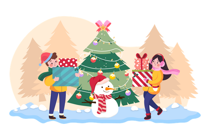 Children playing snowman together outdoors Illustration