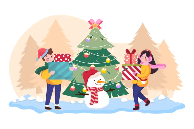 Children playing snowman together outdoors  Illustration