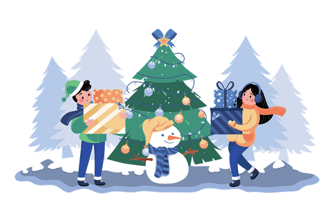 Children Playing Snowman Together Outdoors Illustration