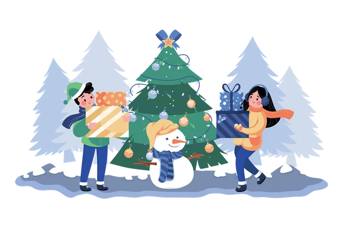 Children Playing Snowman Together Outdoors Illustration