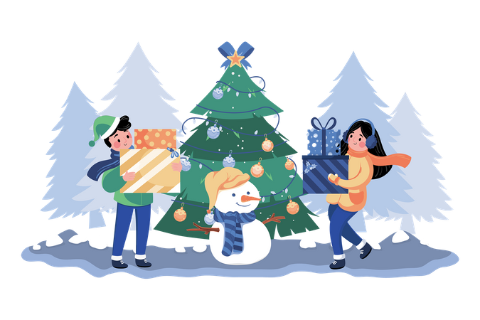 Children Playing Snowman Together Outdoors  Illustration