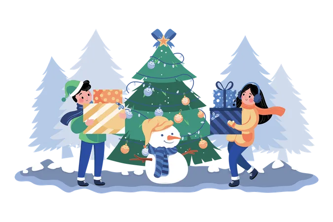 Children Playing Snowman Together Outdoors  Illustration