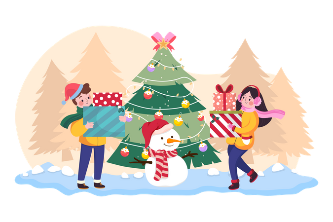 Children playing snowman together outdoors  Illustration