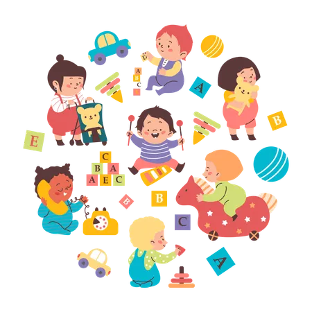 Children playing toys and developmental puzzles  Illustration