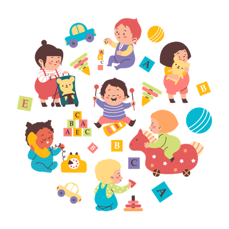 Children playing toys and developmental puzzles  Illustration