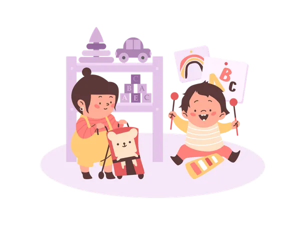 Children playing toys in playroom  Illustration