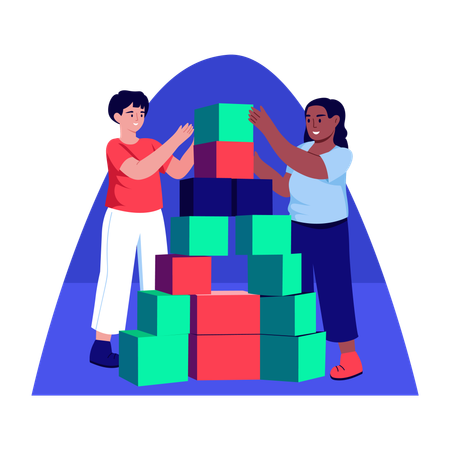 Children playing with block building  Illustration