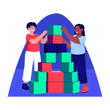 Children playing with block building  Illustration