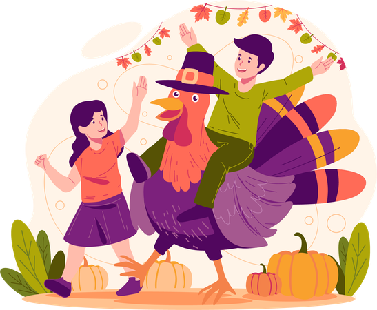 Children Playing With Giant Turkey  Illustration