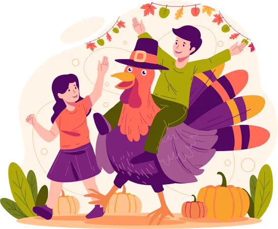 Happy Thanksgiving Day Children Playing With A Giant Turkey Thanksgiving Celebration Illustration