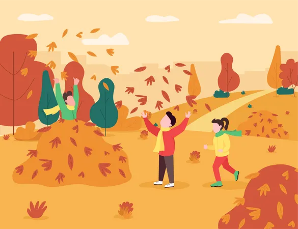Children playing with leaves in the park  Illustration