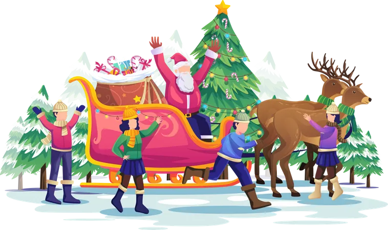 Children playing with Santa Claus and his reindeer carriage at Christmas Illustration