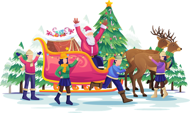 Children playing with Santa Claus and his reindeer carriage at Christmas  Illustration