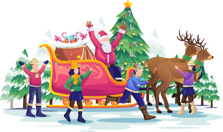 Children playing with Santa Claus and his reindeer carriage at Christmas  Illustration