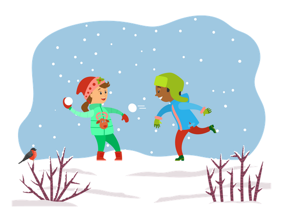 Children playing with snowballs  Illustration