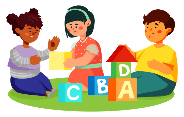 Children playing with toy blocks  Illustration