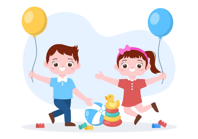 Children Playing with Various Toy at Kindergarten Illustration