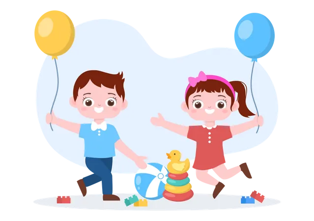 Children Playing with Various Toy at Kindergarten  Illustration