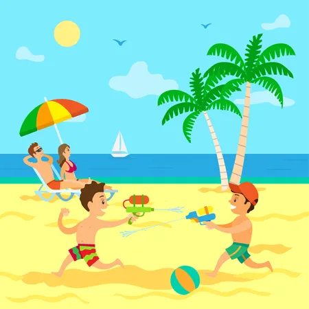 Kids Playing With Guns Loaded With Water Vector Children On Summer Vacations With Parents Couple Laying On Chaise Longue Relaxing On Sun Sunbathing On Beach Summertime Relax With Childrens Illustration