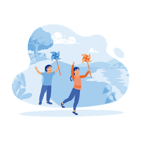 Children Playing With Windmills Made Of Paper  Illustration