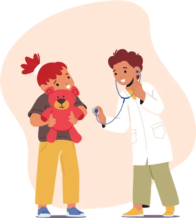 Children Characters Pretending To Be Doctors Using Stethoscope And Medical Kits To Diagnose And Treat Imaginary Ailments They Learn About Medicine And Having Fun Cartoon People Vector Illustration Illustration