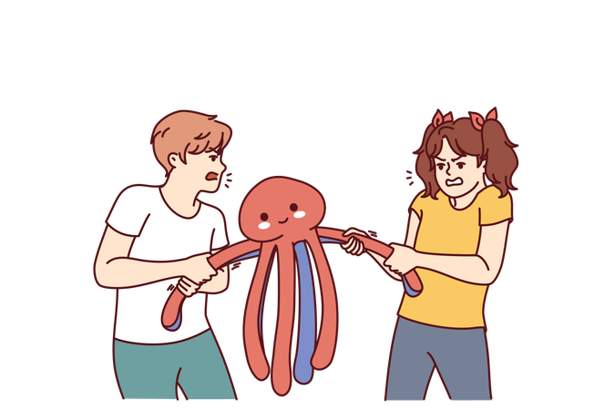 Children quarrel over toy and pull stuffed octopus in directions  Illustration