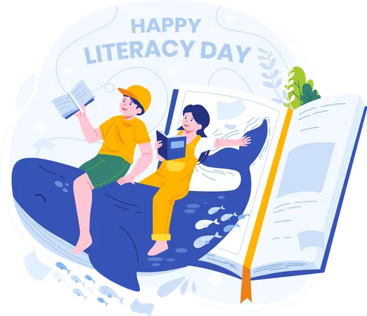 Happy Literacy Day Illustration Childrens Imagination Concept Reading Books Becomes An Adventure Of Fantasy And Imagination Illustration