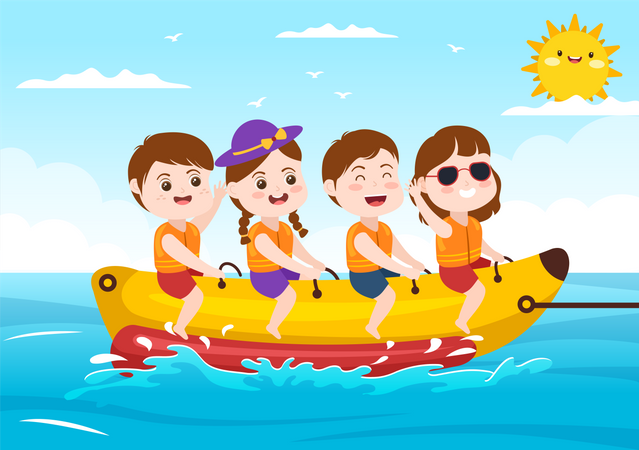 Children riding banana boat jet ski Illustration