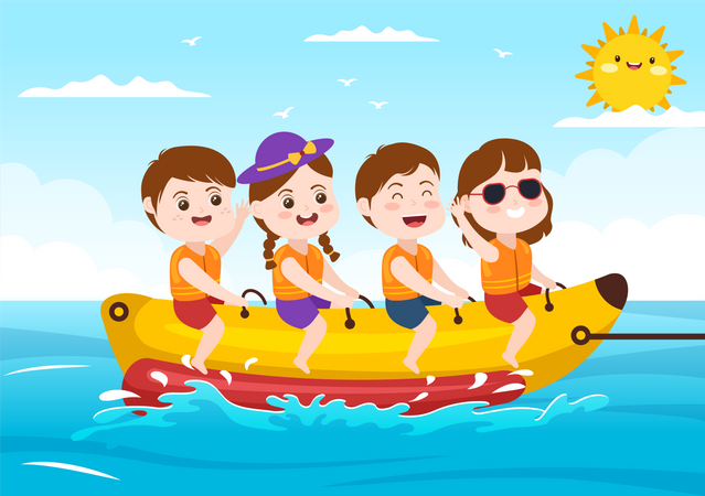 Children riding banana boat jet ski  Illustration