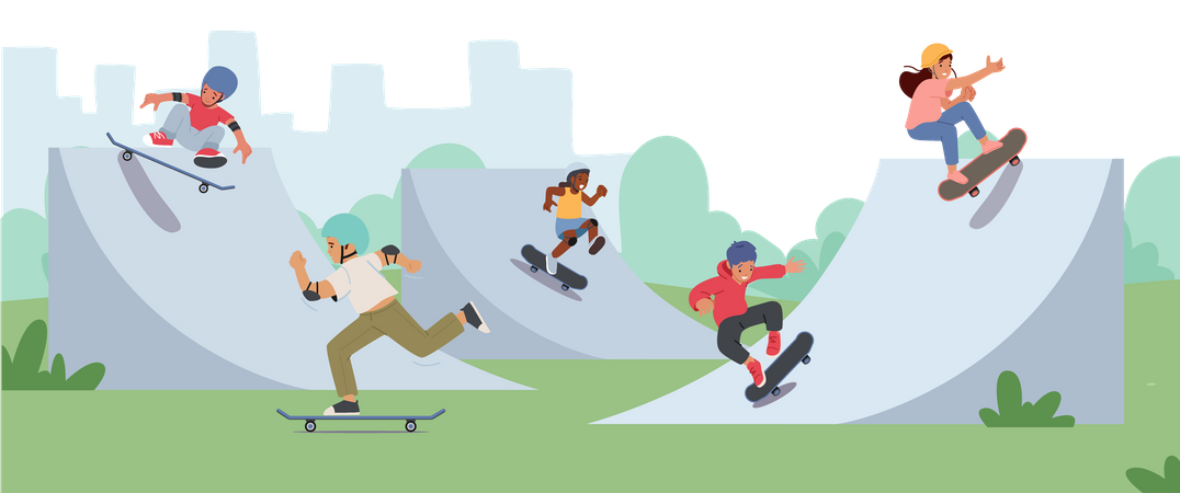 Children Riding on Skateboard in City Park  Illustration