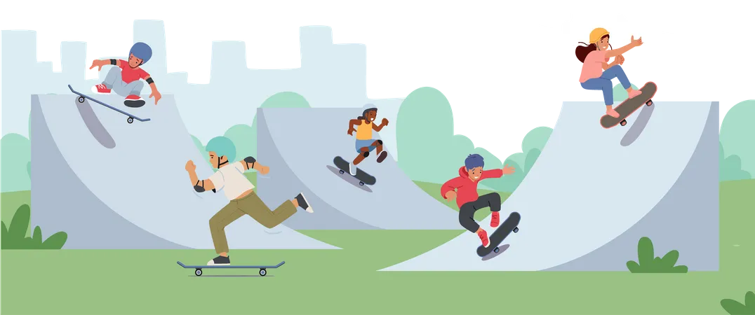 Children Riding on Skateboard in City Park  Illustration