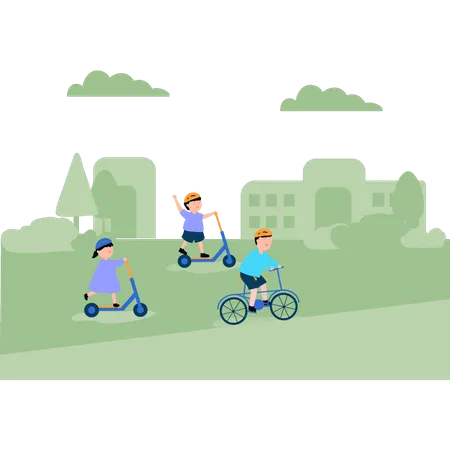 Children Are Riding Skating Bikes In The Park Illustration