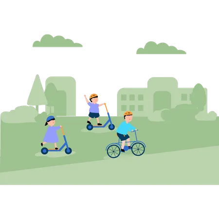 Children riding skating bikes in park  Illustration