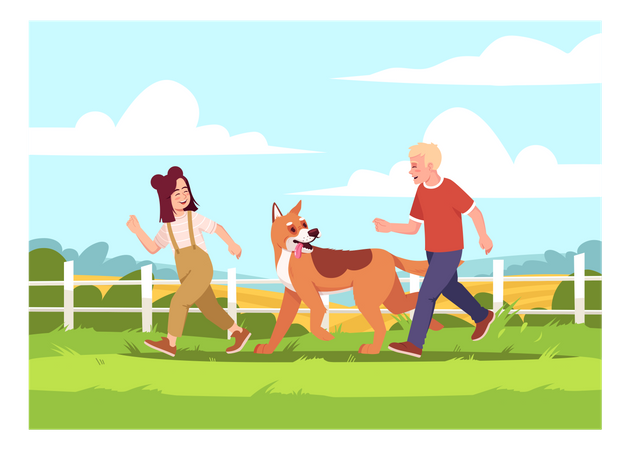 Children run with shepherd dog Illustration