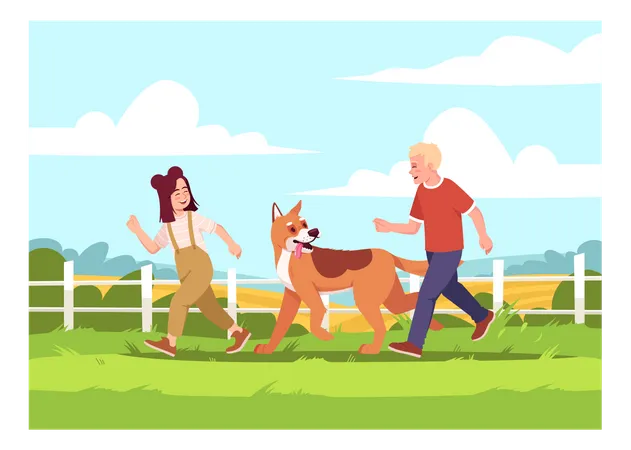 Children Run With Shepherd Dog Semi Flat Vector Illustration Boy And Girl Play With Domestic Pet Outside Summer Vacation On Ranch Kids On Farmland 2 D Cartoon Characters For Commercial Use Illustration