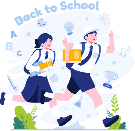 Children running happily back to school  Illustration