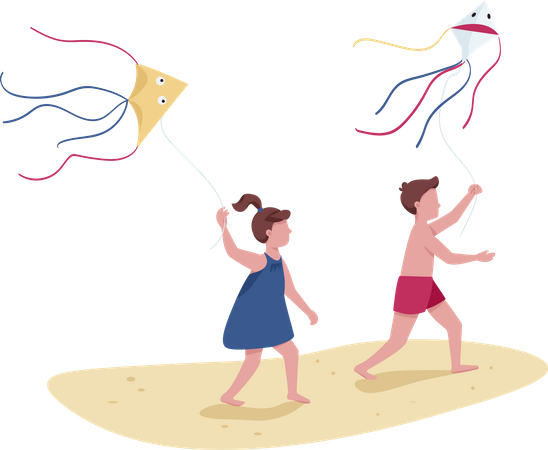 Children running with flying kites  Illustration