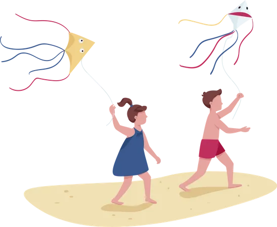 Children running with flying kites  Illustration