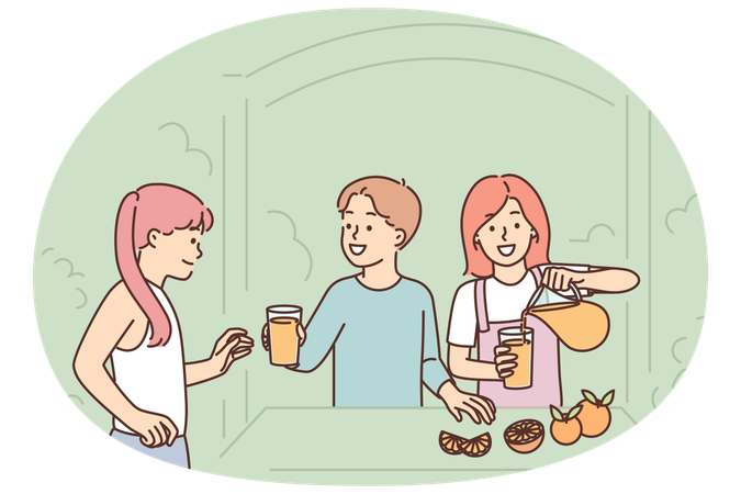 Children sell fresh lemonade to friends standing in small street shop near trees  Illustration
